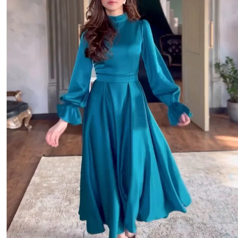 Sonicelife Dresses Solid Color Long Sleeved Stand Up Collar Dress Women 2024 New Summer Office Lady Elegant Vestidos High Waisted Loose