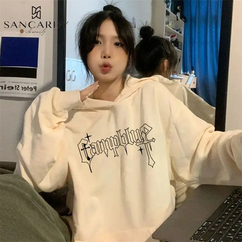 Back To School Sonicelife Oversized Retro Cross Letter Printing Sweatshirts Women Loose Casual Hoodies Couple Grunge Punk Pullover Jackets Y2k Clothes