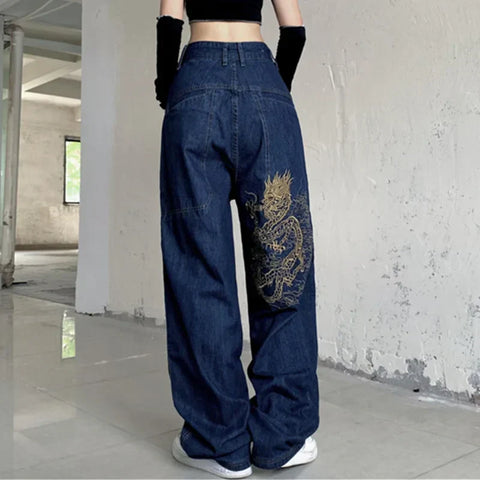 Sonicelife American Street Workwear Multi-Pocket Heavy Lndustry Design Jeans Female Y2K Gothic Fashion Punk Style Loose Floor Wide-leg Pant