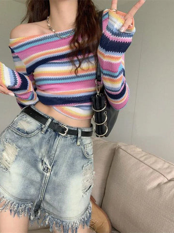 Black Friday Sonicelife Long Sleeve Striped Sweater Off Shoulder Jumpers for Women 2024 Kawaii Pullover Y2k Korean Style Sweet Girls Top Fashion