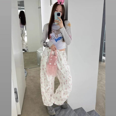 Sonicelife Fashion Street Floral Print Pants for Women Y2k Grunge High Waist Straight Trousers 2024 Summer New Loose Wide Leg