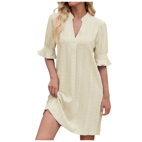 Sonicelife Women Fashion Vacation Dress Solid Color Jacquard Five Point Sleeves V Neck Loose Dress For Women 2025 Casual Fall Below Knee