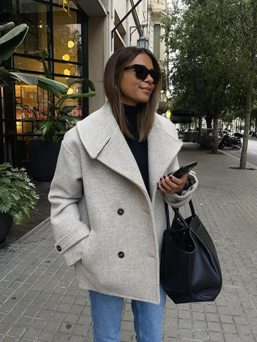 Sonicelife Fashion Double Breasted Classic Women's Woolen Jacket Flip Collar Casual Long Sleeved Pocket Coats Ladies New Commute Outerwear