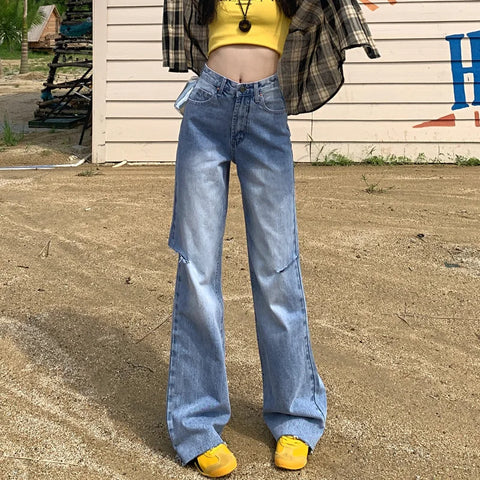 Sonicelife Denim Straight Hollow Out High Waist Streetwear Jeans Vintage Slight Blue Jeans Long Pants Y2k Work Summer Blue Jeans Capris