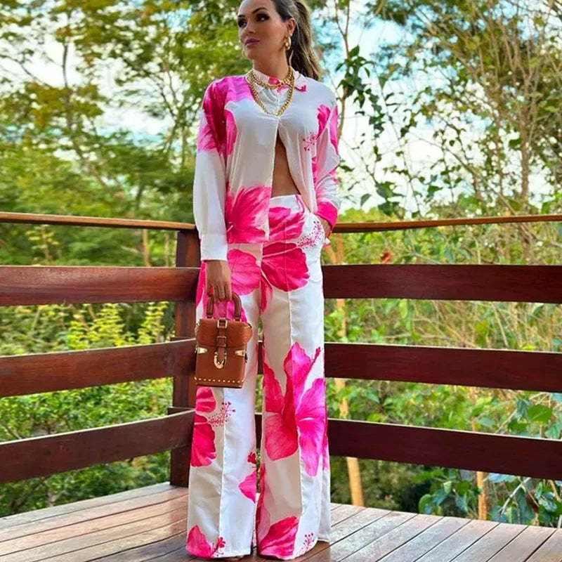 Sonicelife Floral Shirt and Wide Leg Pants Set