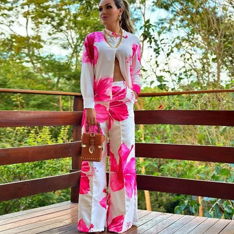 Sonicelife Floral Shirt and Wide Leg Pants Set