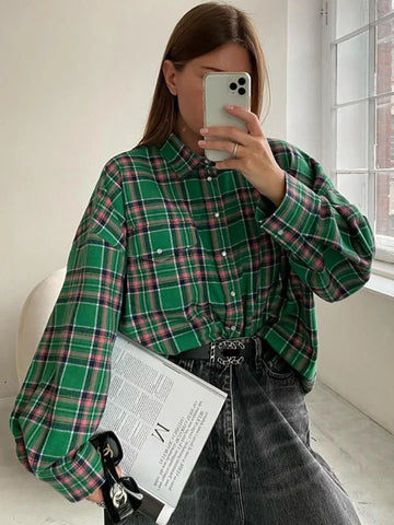 Sonicelife Sonicelife Autumn Winter Women Oversized Thick Plaid Shirt Vintage Long Sleeve Green Blue Loose Fit Blouse Woman Female