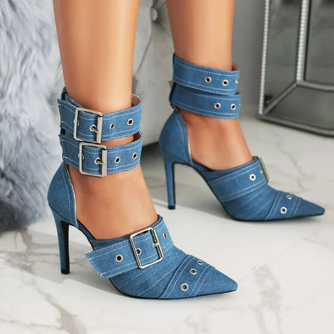 Sonicelife-2024 European and American Style Pointed Toe Slim High Heel Buckle Single Shoes for Women's Fashionable Baotou Banquet Sandals