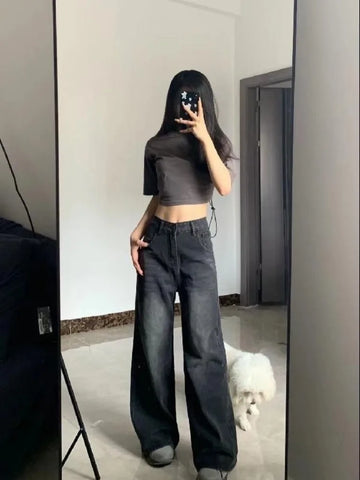 Sonicelife Vintage Black Jeans Women High Waist Grunge Y2k 90s Streetwear Baggy Casual Korean Fashion Straight Washed Denim Trouser