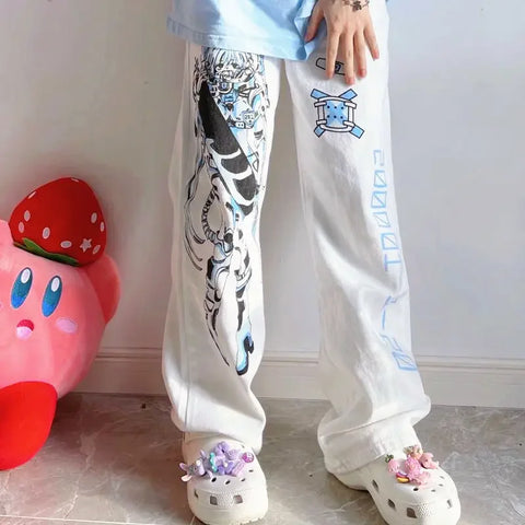 Sonicelife Y2K Anime Print White Pants Women Harajuku Manga Subculture Wide Leg Trousers Japanese Style Kawaii Cartoon Sweatpants