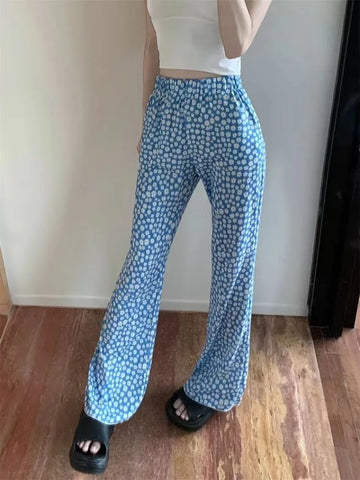 Sonicelife Korean Summer Daisy Floral Print Blue Pants Y2k E-Girl High Waist Thin Flare  2024 New Loose Wide Leg  Women