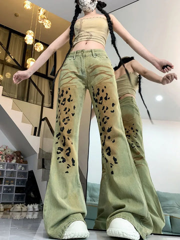 Sonicelife American Retro Washed Leopard Print Denim Pants Y2k E-Girl High Waist Straight Trousers 2024 Sumemr New Bell Bottom Jeans