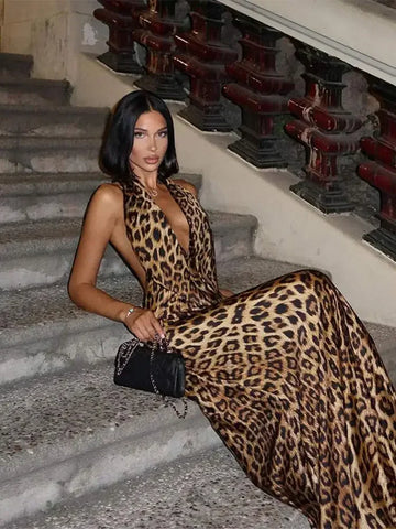 Back To School Sonicelife Women Elegant Leopard Print Lace-up Halter Dress Sexy Backless Deep V-neck Slim Long Dresses 2024 New Lady High Street Partywear