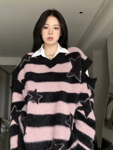 Black Friday Sonicelife Harajuku Striped Sweater Oversize Y2k Style Pink Detachable Sleeves Star Print Jumpers Gothic Winter Korean Alt Clothes