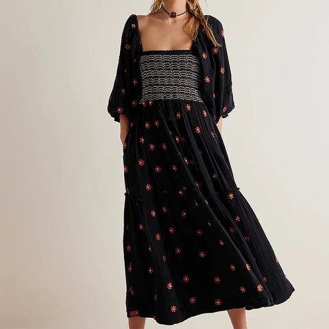 Sonicelife Beach Style Holiday Ruffle Swing A Line Maxi Dress Bohemian Floral Dress Women Lady Square Neck Long Sleeve Club Party Dress