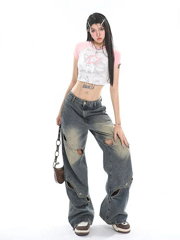 Sonicelife New Men And Women Ragged Pants Splicing Washed Hollow Jeans Y2K American Retro Gothic Punk Style Loose Casual Wide-leg Pants