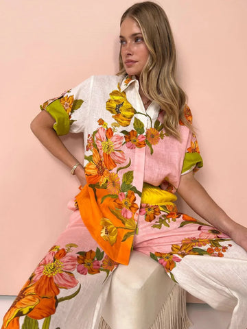 Sonicelife Floral Print 2 Pcs Shirt and High Waist Trousers Set