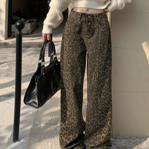 Sonicelife Retro Spring Trendy Leopard Print Jeans Women's American High Street Trousers Y2K Harajuku Style Baggy  Waist Casual Pants