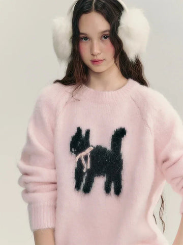 Black Friday Sonicelife Y2k Pink Cat Knitted Pullovers Bow Kitty Graphic Raglan Sleeve Ribbed Sweater Women Sweet Girl Cutecore Winter Clothes