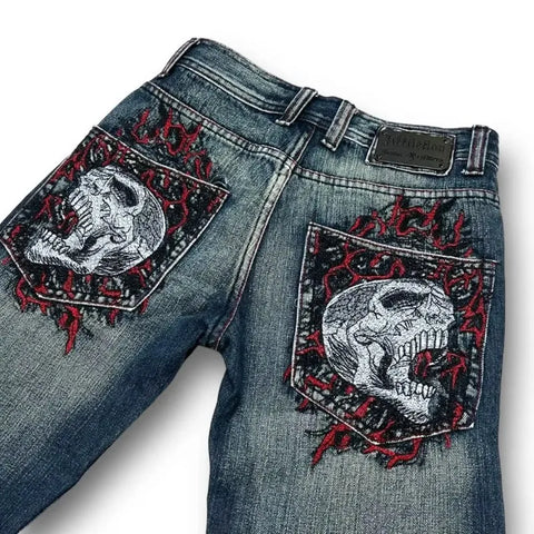 Sonicelife Y2K Harajuku Gothic High Waist Wide Trousers  Hip Hop Skull Graphic Embroidery Blue Vintage Baggy Punk Style Jeans Mens Womens