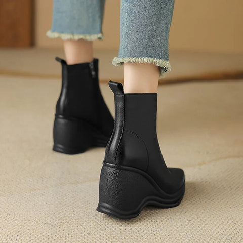 Sonicelife NEW Autumn Women Boots Genuine Leather Shoes for Women Pointed Toe Wedges Shoes Zip Ankle Boots Concise High Heel Modern Boots