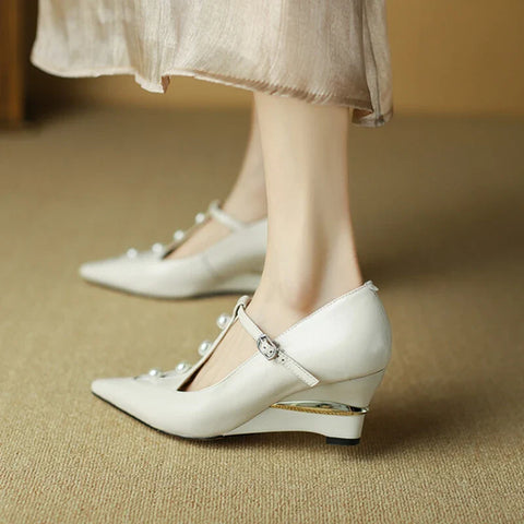 Sonicelife NEW Spring/Autumn Women Pumps Split Leather Shoes for Women Pointed Toe Wedges Shoes Pearl High Heel Women Pumps Buckle Shoes