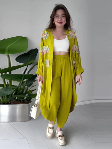 Sonicelife Pant Set Two Pieces Long Sleeve Cardigan Outerwear Matching Sets Loose Straight Ankle Length Pants Pockets High Street Print