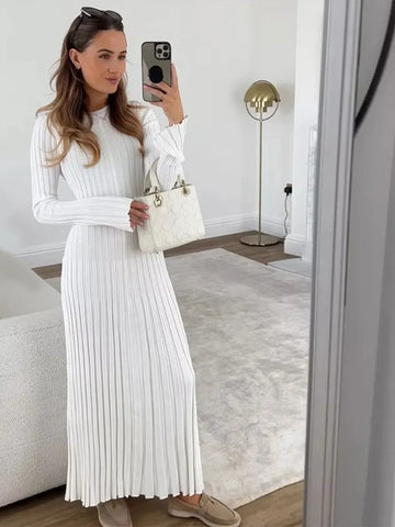 Back To School Sonicelife Women Elegant Solid Pleated Knitted Maxi Dress Casual Round Neck Long Sleeve Lace Up Dresses 2024 Autumn Lady High Street Robes