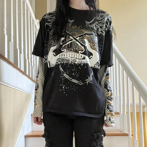 Sonicelife Preppy Harajuku Grunge Y2K Retro Tops Hippie Punk Style Loose T-Shirt Indie Graphic Print Patchwork Long Sleeve Sweats Tees