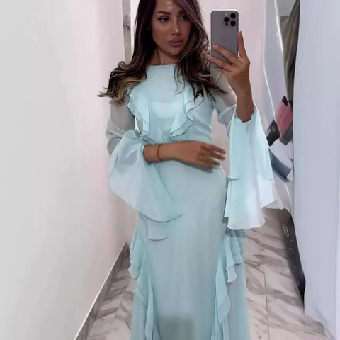 Sonicelife Dress Women 2024 Autumn Long Dresses Tight Waist Full Sleeve Slash Neck Hollow Out A Line Elegant Temperament  Solid Vestidos