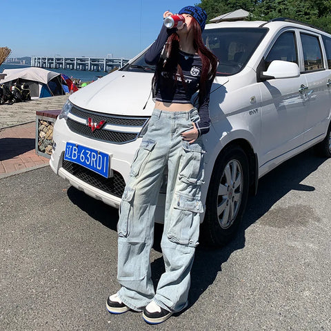 Sonicelife Long Pants Denim Straight Buttoned High Waist Streetwear Jeans Vintage Slight Blue Jeans Y2k Work Summer Blue Jeans Capris