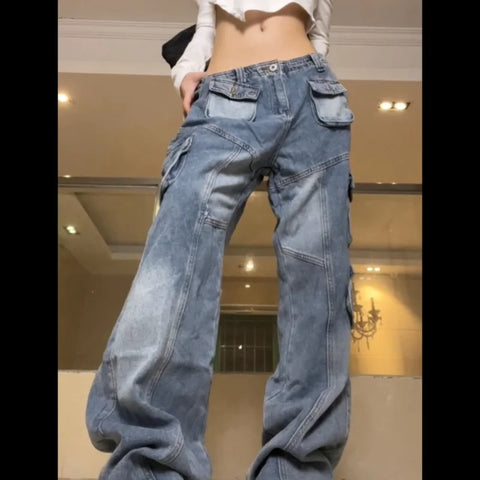 Sonicelife 2023 American New Y2K Retro Low-Waisted Tooling Multi-Pocket Women Jeans Spring And Autumn Straight Casual Loose Wide-Leg Pants
