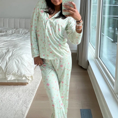 Sonicelife Cute 2 Piece Set Home Loungewear Y2K Vintage Print Button Up Long Sleeve Blouse T-shirt Tops + Pants Women Pajamas Sleepwear