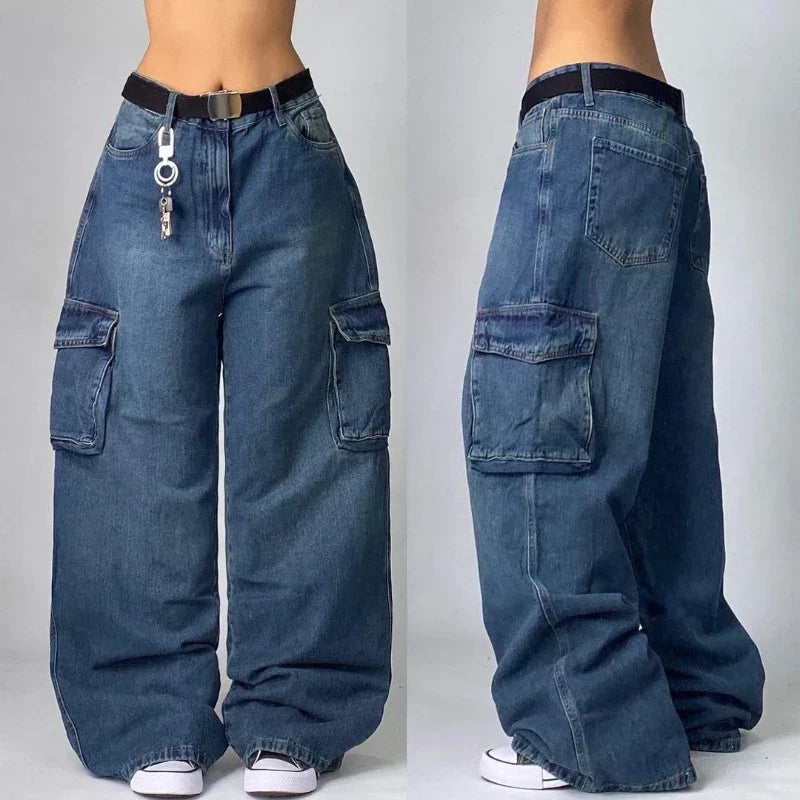 Sonicelife Y2K New Fashion Harajuku Washed Big Pocket Baggy Women Jeans Street Retro Gothic Punk Style Casual High Waist Wide Trousers