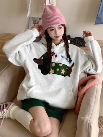 Black Friday Sonicelife Embroidery Doggy Print Hooded Women American Retro Grey Long Sleeve Oversized Sweatshirt Female Cutecore Autumn Clothes