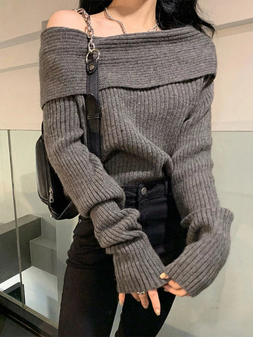 Sonicelife Chic Off Shoulder Knitting Sweater Women Elegant Slim Pullover for Female 2024 Spring Autumn Casual Warm Knitwear Jumper Tops