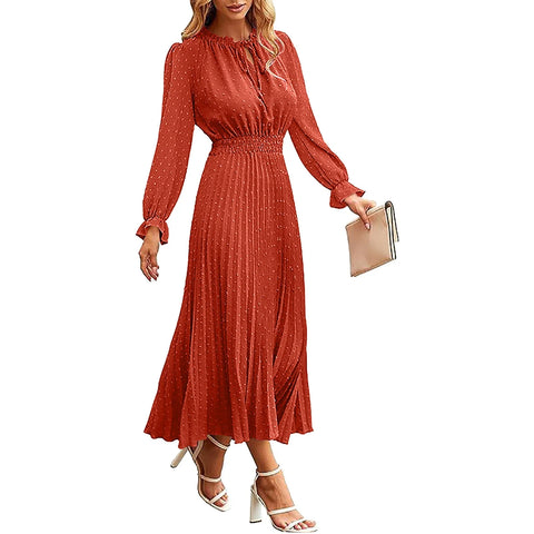 Sonicelife Womens Fall Dress Casual Long Sleeve V Neck Dot Pleated A Line Flowy Temperament Midi Dress For Women 2025 Fall Commuter