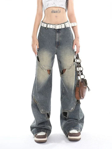 Sonicelife New Men And Women Ragged Pants Splicing Washed Hollow Jeans Y2K American Retro Gothic Punk Style Loose Casual Wide-leg Pants