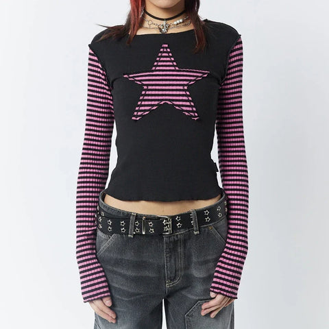 Sonicelife Gothic Mall Goth Tees y2k Star Patched Striped Long Sleeve T-shirt Harajuku Grunge O Neck Slim Fit Crop Tops Streetwear