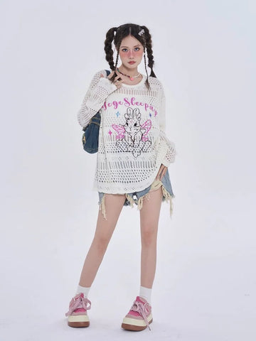 Black Friday Sonicelife Anime Women Sweater Oversize Spider Web Mesh Long Sleeve Top Y2k Kawaii Rabbit Embroidery Korean Style Cutecore Clothes