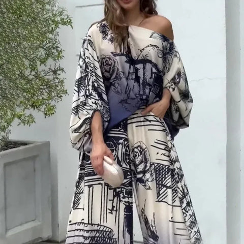 Sonicelife Pant Sets Women Two Piece Set Print Long Bat Sleeve Loose Casual Elegant Splice Oblique Shoulder Tops Wide Leg Long Pants