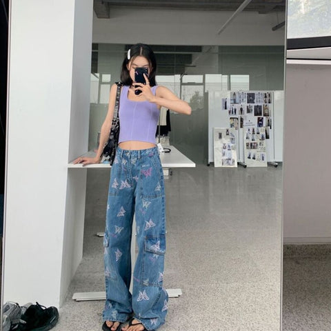 Sonicelife Butterfly Embroidery Cargo Pants Women Clothing Street Vintage Hip Hop High Waisted Jeans Woman Casual Baggy Jeans Women Pants
