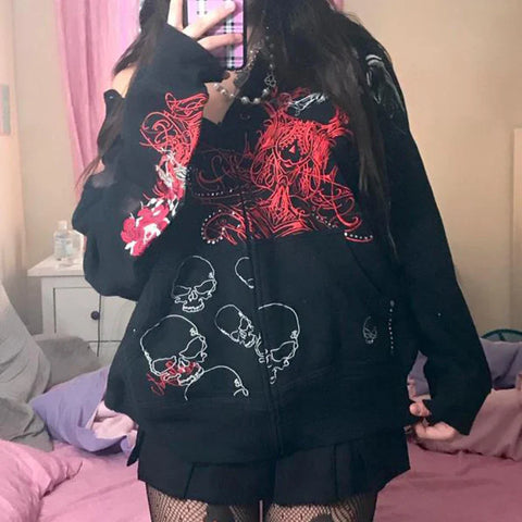 Back To School Sonicelife Vintage Dark Academia Harajuku Zip Up Hoodies Gothic Grunge Skull Print Sweatshirts Autunm Spring Y2K Aesthetic Coat Tops