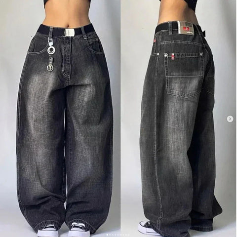 Sonicelife Streetwear Fashion New Pure Black Washed Baggy Jeans Men And Women Y2K Harajuku Casual Gothic High Waist Wide Leg Trousers