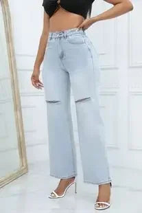 Sonicelife Women Jeans Holes Pencil Pants Washing Denim Pockets Sexy Sheath High Waist Slim Fit Zipper Fly Ankle Length Basics 2024