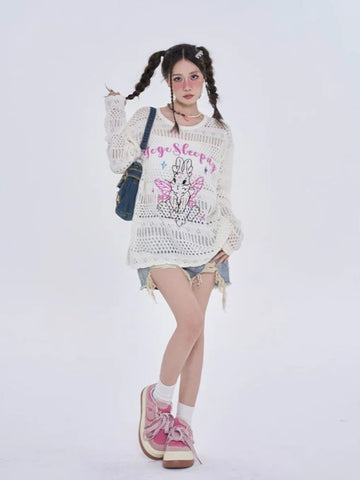 Black Friday Sonicelife Anime Women Sweater Oversize Spider Web Mesh Long Sleeve Top Y2k Kawaii Rabbit Embroidery Korean Style Cutecore Clothes