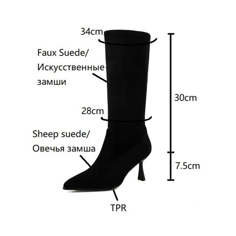 Sonicelife Autumn Boots Women Solid Sheep Suede Leather Boots Pointed Toe Thin Heel Shoes Women Elegant High Heel Long Boots botas mujer