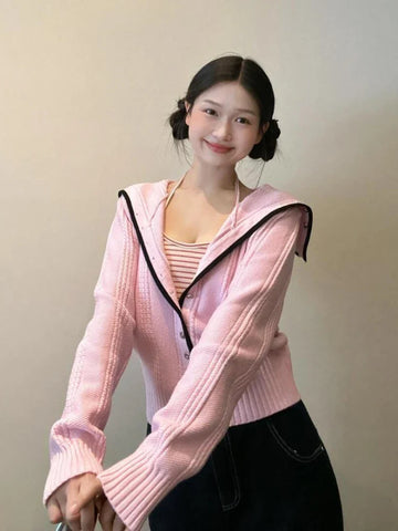 Black Friday Sonicelife Y2k Pink Knitted Cardigan Sailor Collar Long Sleeve Sweater Women Korean Fashion Preppy Style Autumn Winter Cute Clothes