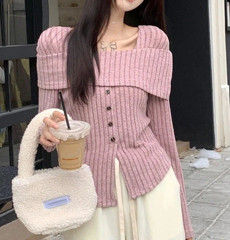 Sonicelife Sweet off-Shoulder Patchwork Square Collar Knit Pullover Women Spring Autumn 2024 Fashion Slim fit Split Velvet Feeling Base Top