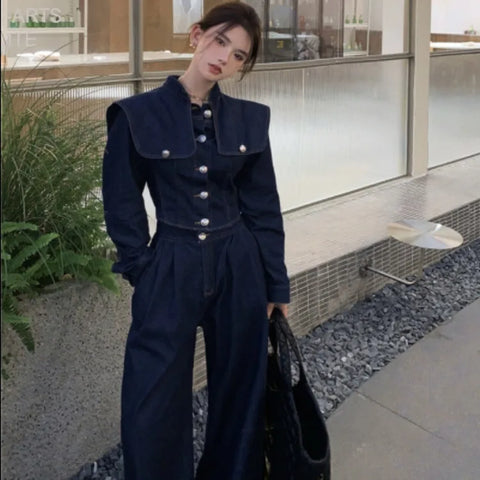 Sonicelife Korean Vintage Blue Denim Pants Mujer 2024 Autumn New High Waist Trousers Women Y2k E-Girl Loose Straight Wide Leg